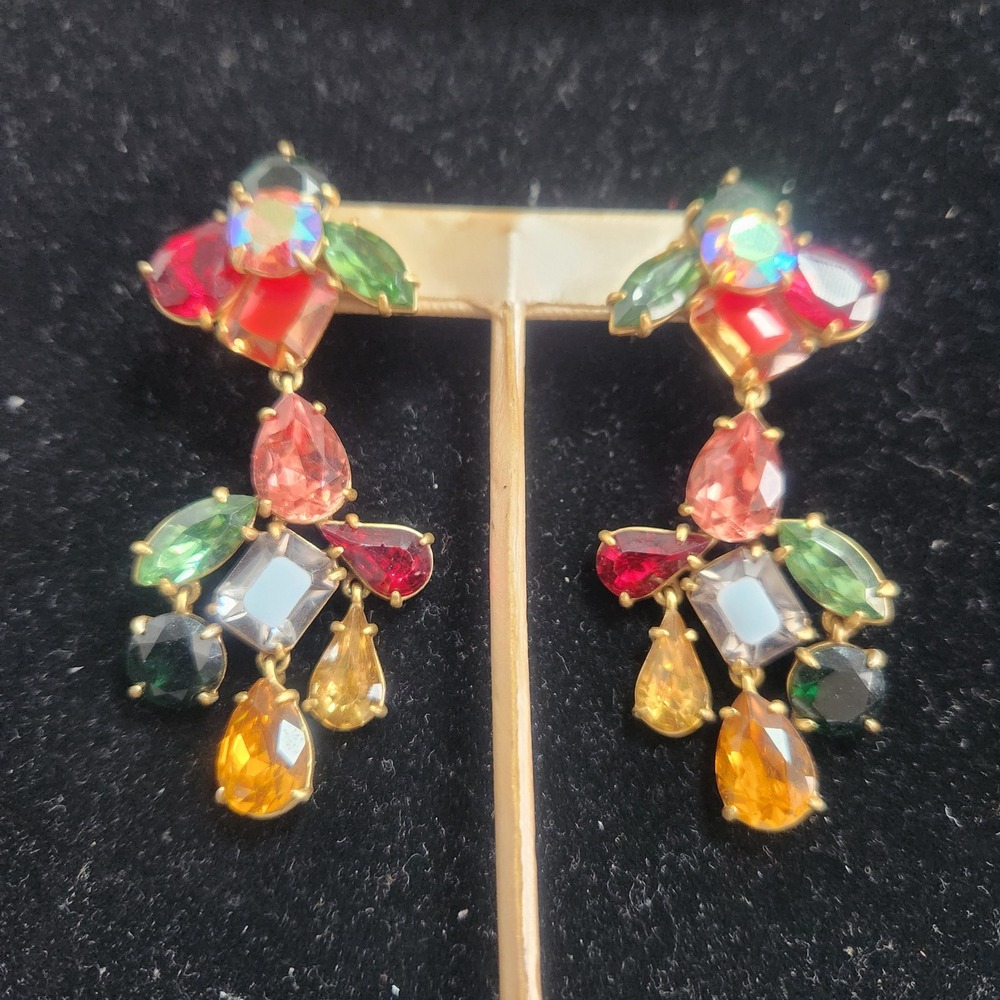 Multi Color J Crew Chandelier Drop Earrings Gold Tone Statement Jewelry Boho - Picture 2 of 9